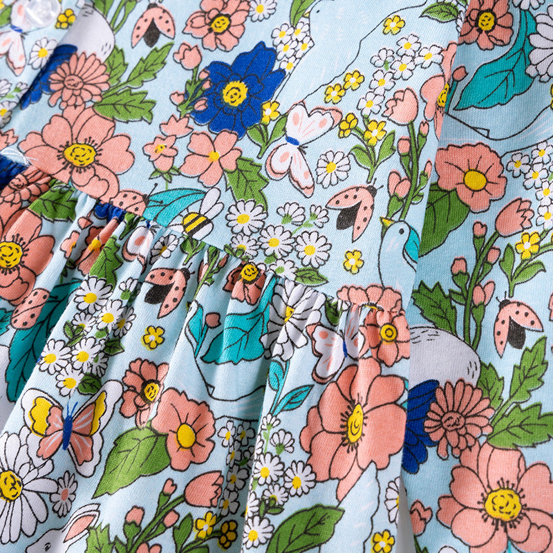 Autumn and Spring Arrival Colorful Flowers Pattern Long Sleeves Crew Neck Dress for Stylish Girls