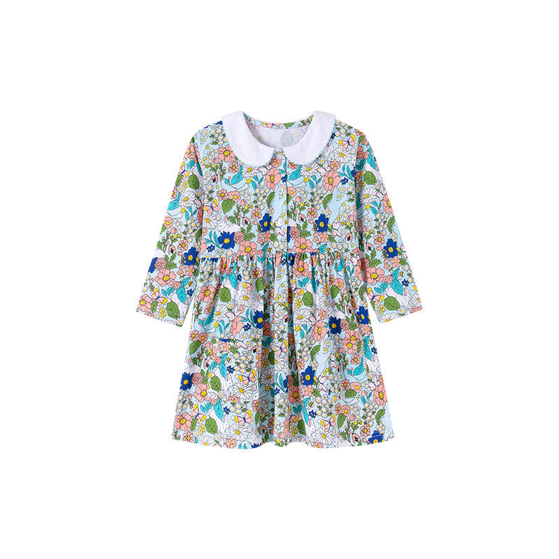 Autumn and Spring Arrival Colorful Flowers Pattern Long Sleeves Crew Neck Dress for Stylish Girls