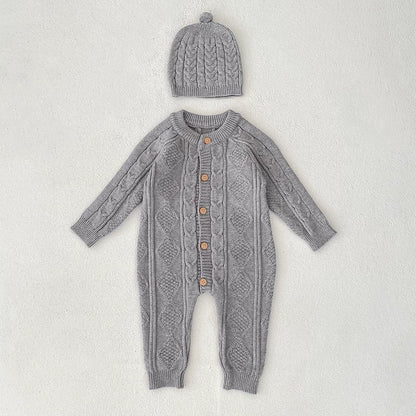 Autumn Arrival Unisex Baby’s Solid Color Geometric Jacquard Pattern Knitted Rompers